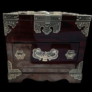 Vintage Korean Lacquer Jewelry Box with Mirror Silver Metal Hardware Accents